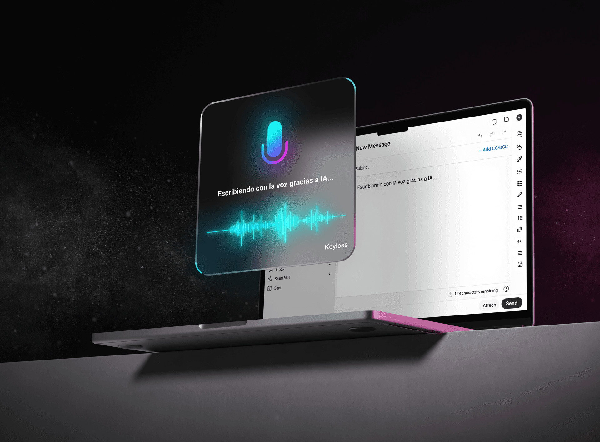 Mockup de Keyless — dictado por voz con IA (12 meses)